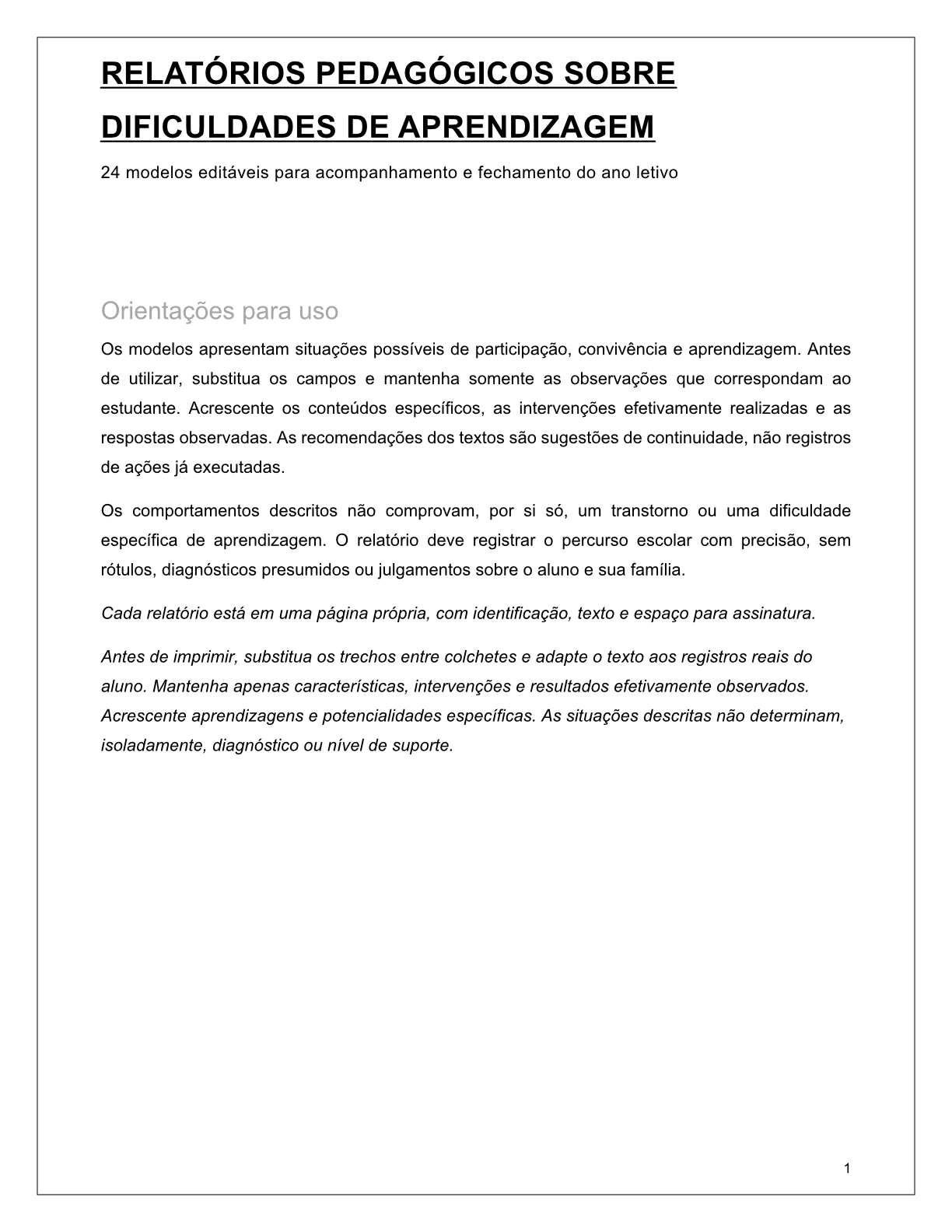 Amostra Relatório Dificuldades de Aprendizagem